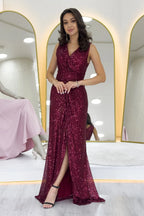 Kadın Bordo Kruvaze Yaka Payet Tasarım Sıfır Kol Yırtmaçlı Balık Abiye Elbise