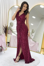 Kadın Bordo Kruvaze Yaka Payet Tasarım Sıfır Kol Yırtmaçlı Balık Abiye Elbise