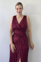 Kadın Bordo Kruvaze Yaka Payet Tasarım Sıfır Kol Yırtmaçlı Balık Abiye Elbise