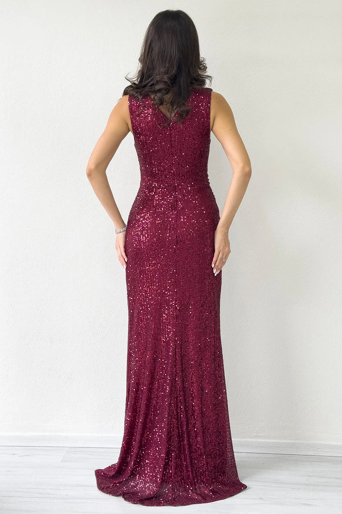 Kadın Bordo Kruvaze Yaka Payet Tasarım Sıfır Kol Yırtmaçlı Balık Abiye Elbise