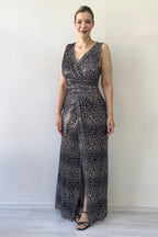 Kadın Leopar Kruvaze Yaka Payet Tasarım Sıfır Kol Yırtmaçlı Balık Abiye Elbise