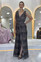 Kadın Leopar Kruvaze Yaka Payet Tasarım Sıfır Kol Yırtmaçlı Balık Abiye Elbise