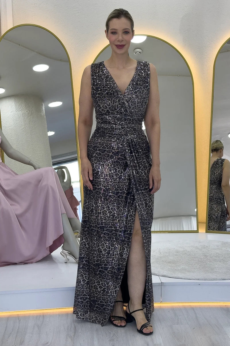 Kadın Leopar Kruvaze Yaka Payet Tasarım Sıfır Kol Yırtmaçlı Balık Abiye Elbise