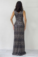 Kadın Leopar Kruvaze Yaka Payet Tasarım Sıfır Kol Yırtmaçlı Balık Abiye Elbise