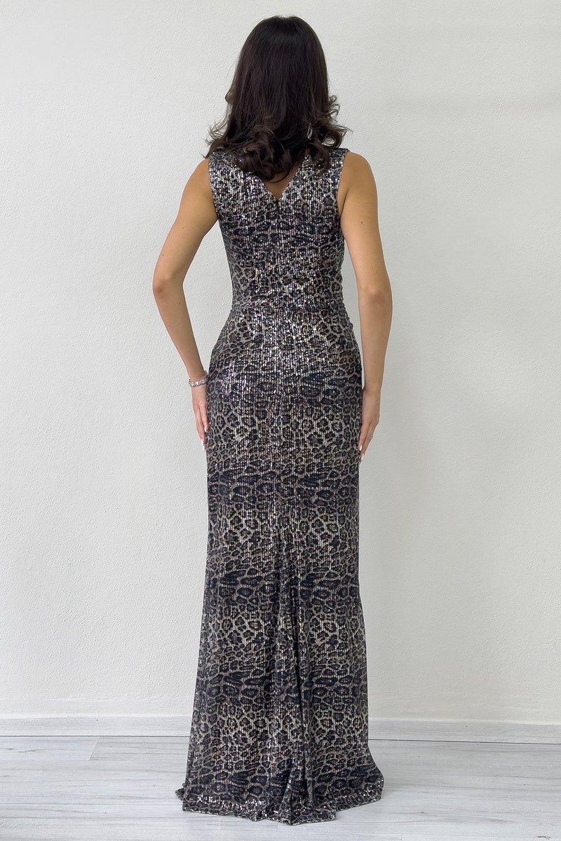 Kadın Leopar Kruvaze Yaka Payet Tasarım Sıfır Kol Yırtmaçlı Balık Abiye Elbise