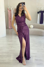 Kadın Mürdüm Kruvaze Yaka Payet Tasarım Sıfır Kol Yırtmaçlı Balık Abiye Elbise