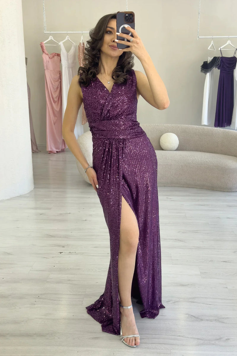 Kadın Mürdüm Kruvaze Yaka Payet Tasarım Sıfır Kol Yırtmaçlı Balık Abiye Elbise