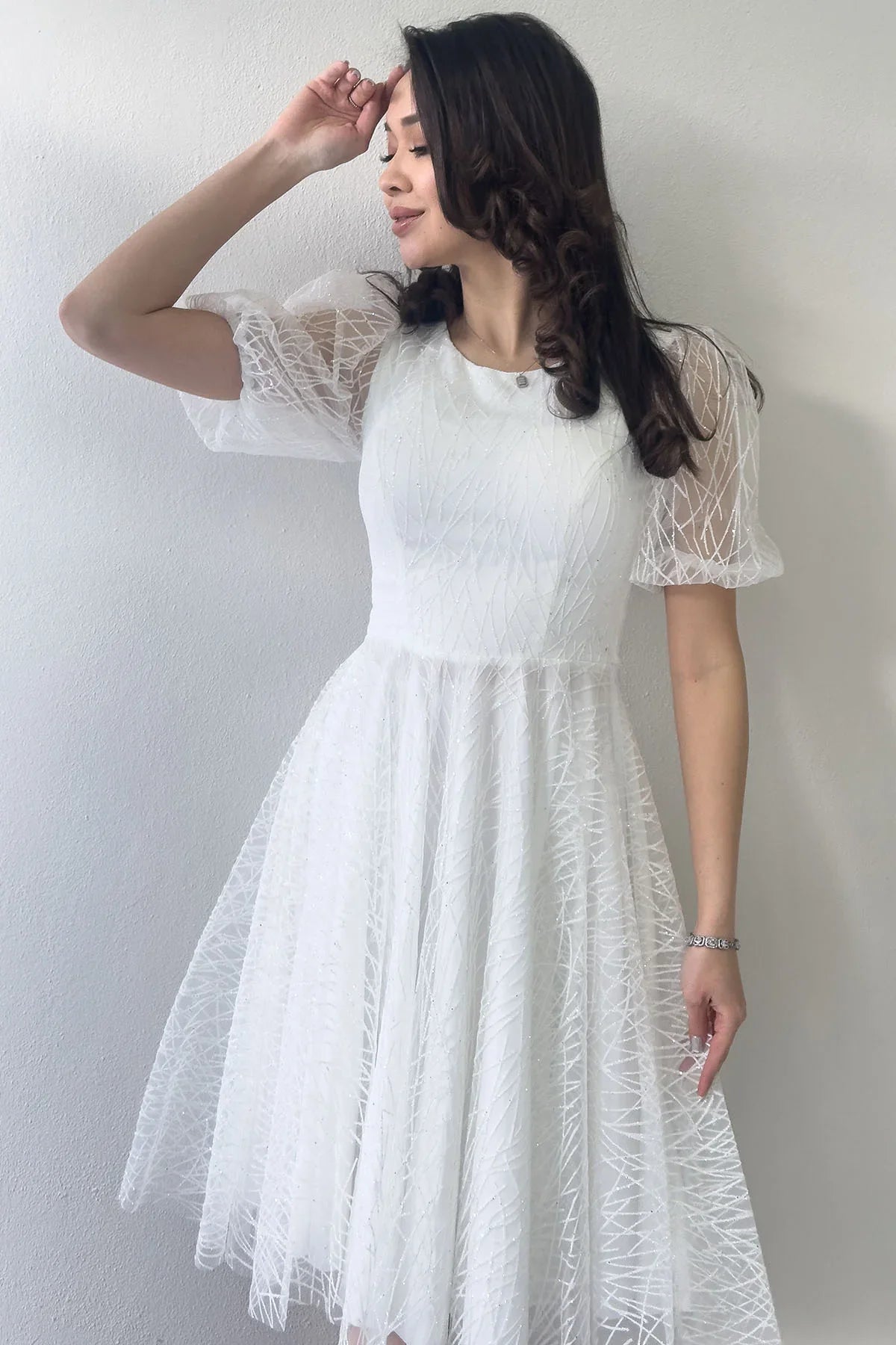 Beyaz Balon Kol Simli Kloş Midi Boy Abiye Elbise