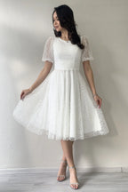 Beyaz Balon Kol Simli Kloş Midi Boy Abiye Elbise