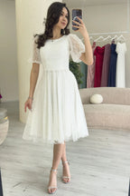 Beyaz Balon Kol Simli Kloş Midi Boy Abiye Elbise