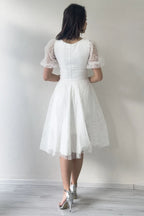 Beyaz Balon Kol Simli Kloş Midi Boy Abiye Elbise