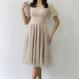 Gold Balon Kol Simli Kloş Midi Boy Abiye Elbise