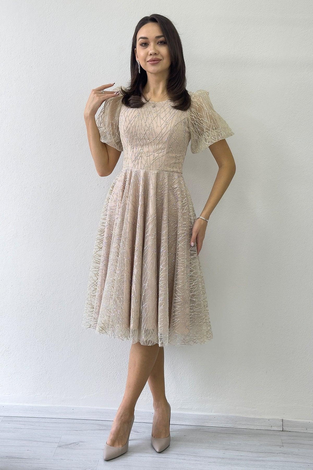 Gold Balon Kol Simli Kloş Midi Boy Abiye Elbise