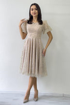 Gold Balon Kol Simli Kloş Midi Boy Abiye Elbise