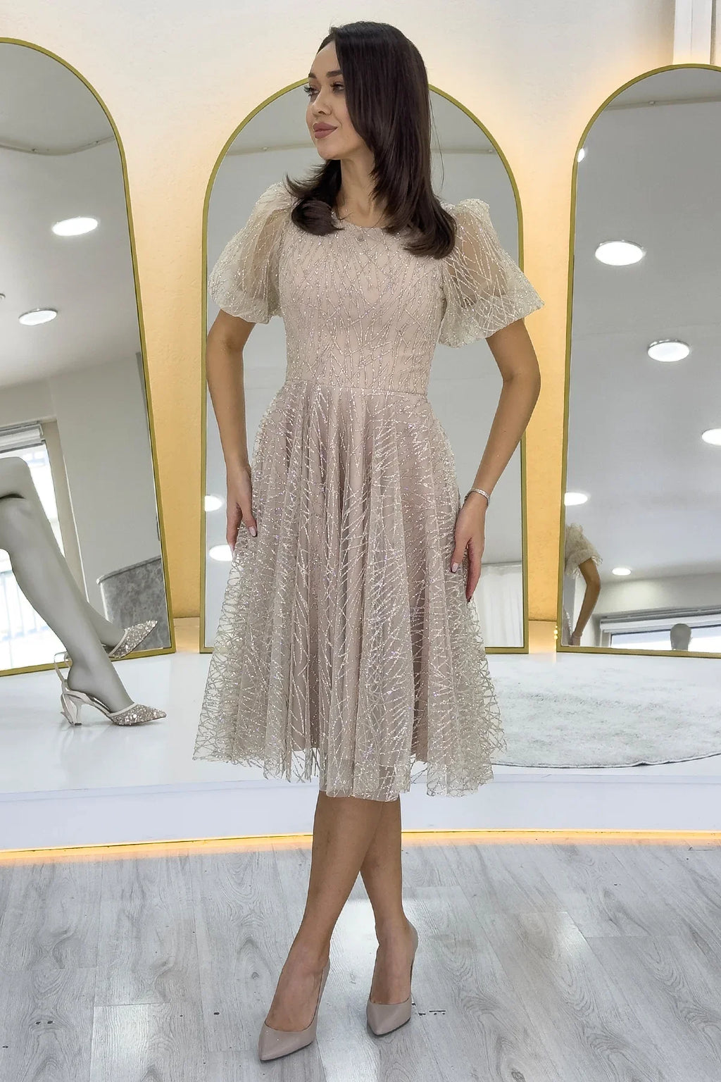 Gold Balon Kol Simli Kloş Midi Boy Abiye Elbise