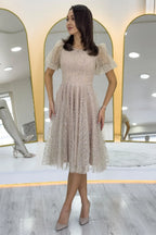 Gold Balon Kol Simli Kloş Midi Boy Abiye Elbise