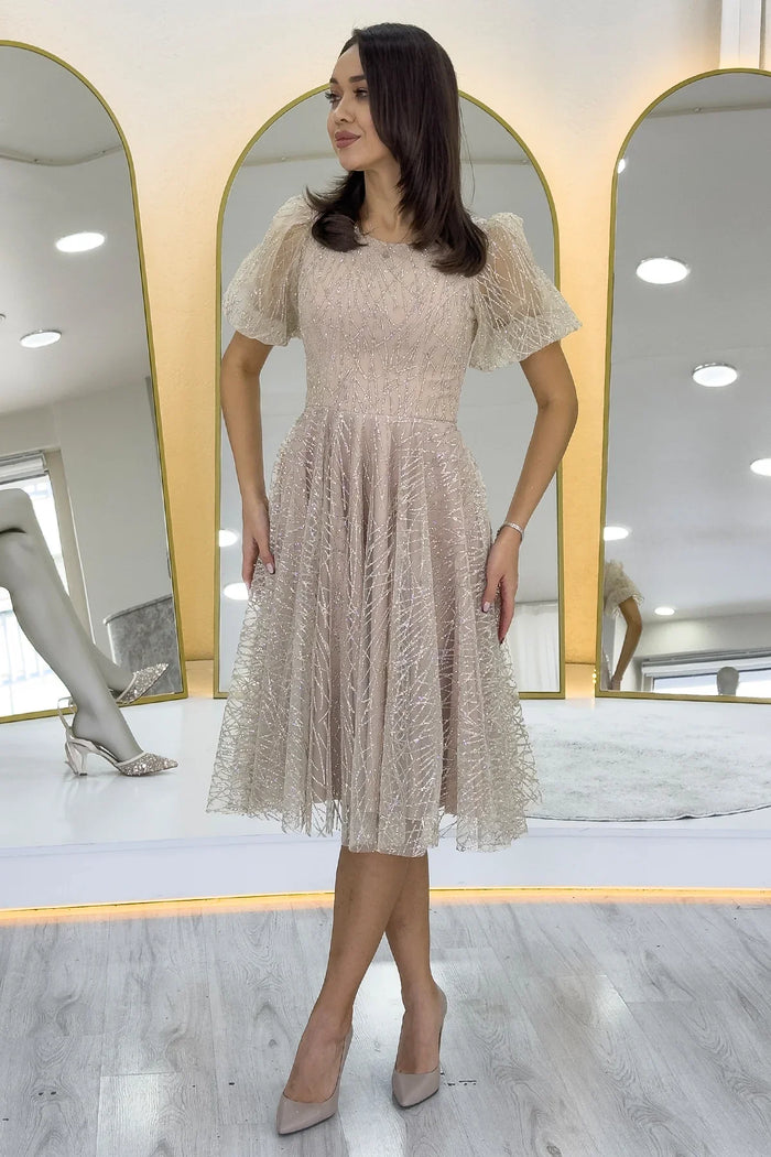 Gold Balon Kol Simli Kloş Midi Boy Abiye Elbise