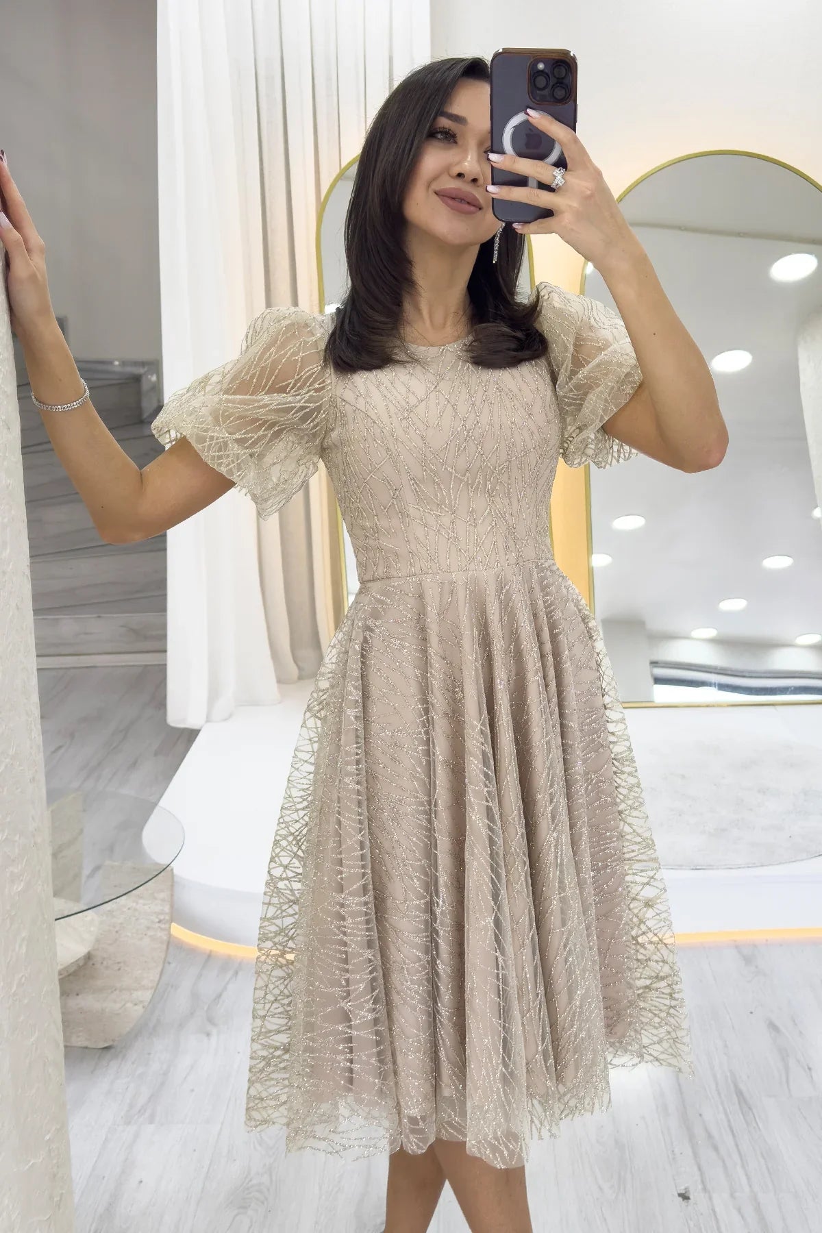 Gold Balon Kol Simli Kloş Midi Boy Abiye Elbise