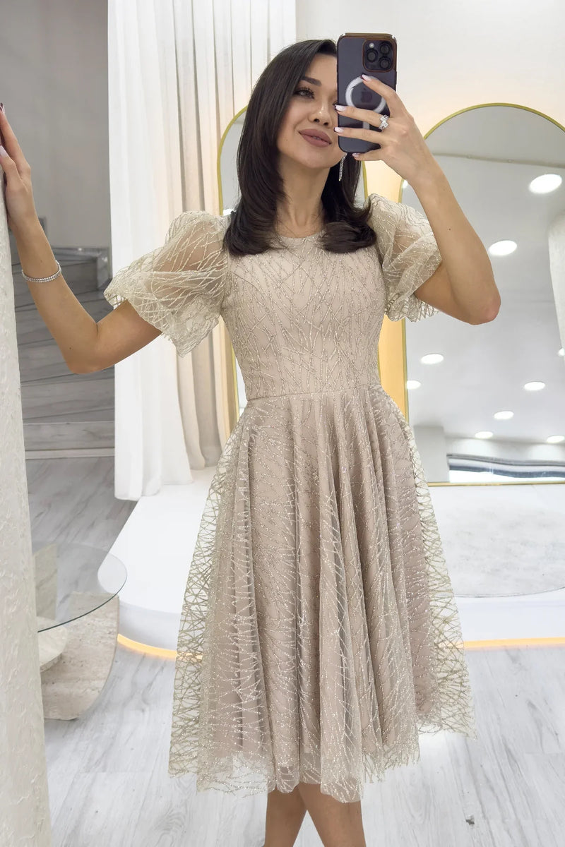 Gold Balon Kol Simli Kloş Midi Boy Abiye Elbise