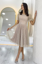 Gold Balon Kol Simli Kloş Midi Boy Abiye Elbise