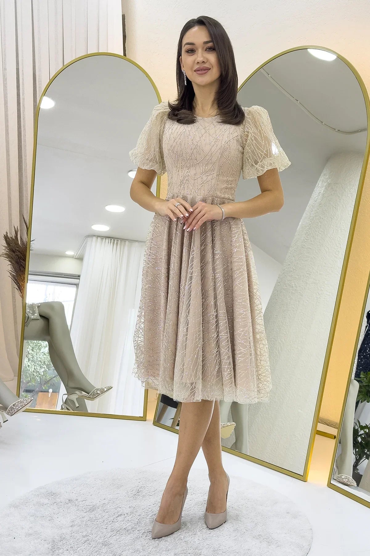 Gold Balon Kol Simli Kloş Midi Boy Abiye Elbise