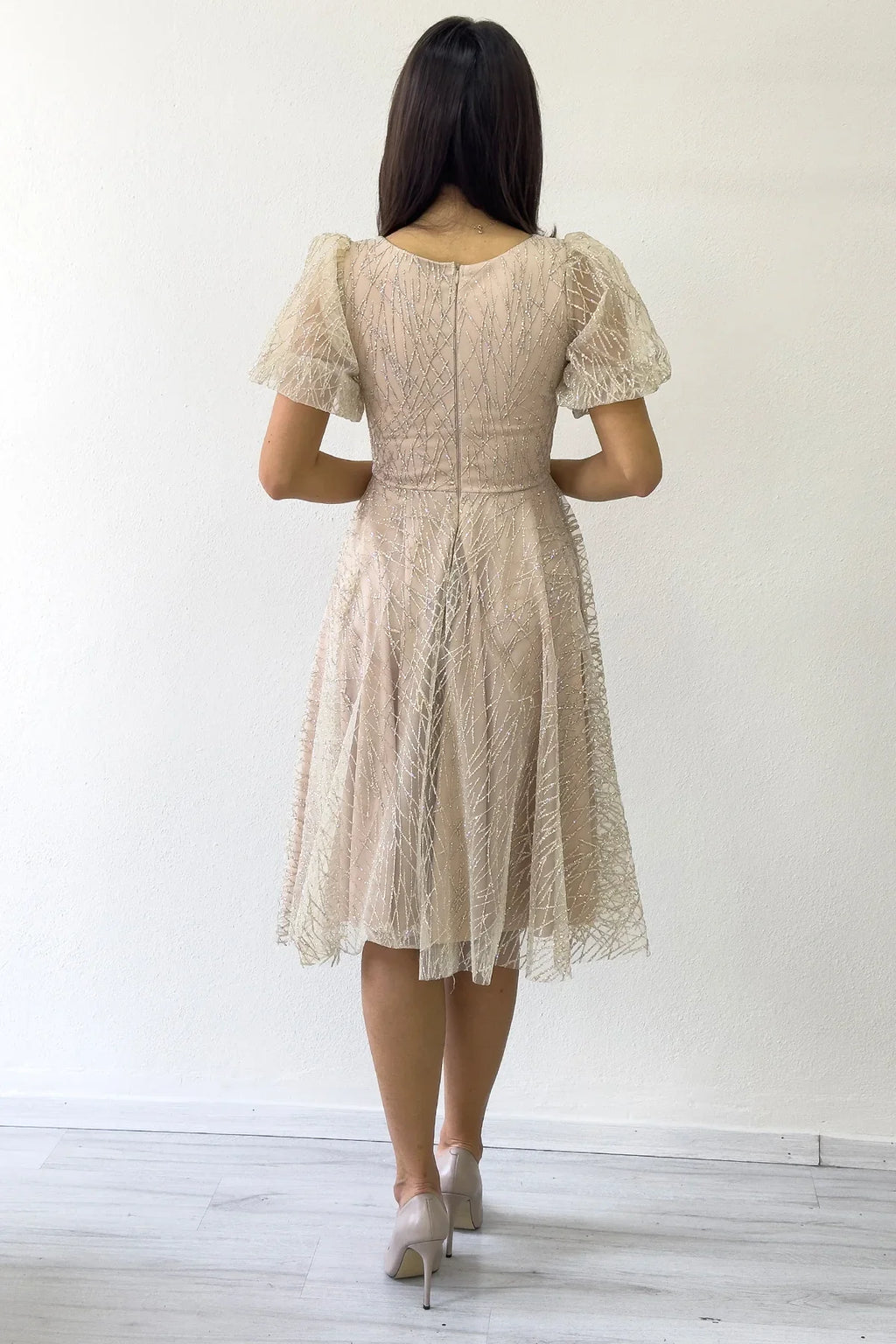 Gold Balon Kol Simli Kloş Midi Boy Abiye Elbise