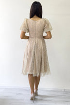 Gold Balon Kol Simli Kloş Midi Boy Abiye Elbise