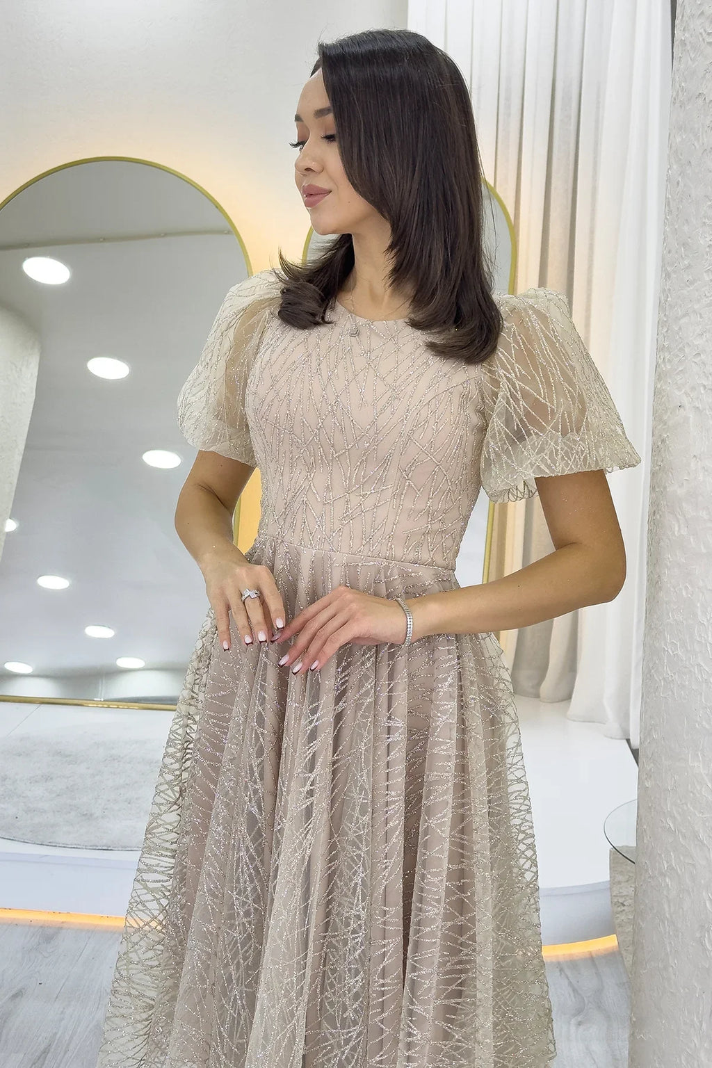Gold Balon Kol Simli Kloş Midi Boy Abiye Elbise