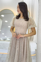 Gold Balon Kol Simli Kloş Midi Boy Abiye Elbise