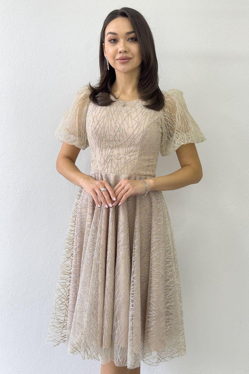 Gold Balon Kol Simli Kloş Midi Boy Abiye Elbise