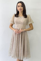 Gold Balon Kol Simli Kloş Midi Boy Abiye Elbise