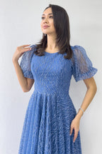 İndigo Balon Kol Simli Kloş Midi Boy Abiye Elbise