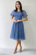 İndigo Balon Kol Simli Kloş Midi Boy Abiye Elbise