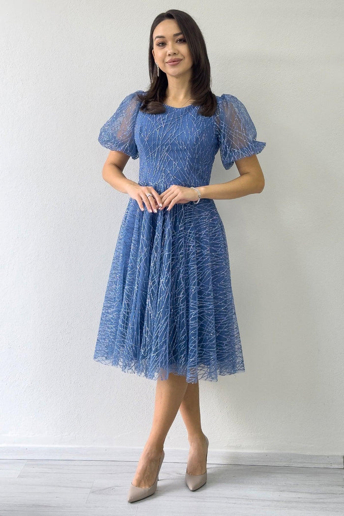 İndigo Balon Kol Simli Kloş Midi Boy Abiye Elbise