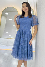 İndigo Balon Kol Simli Kloş Midi Boy Abiye Elbise