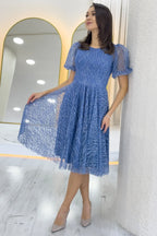 İndigo Balon Kol Simli Kloş Midi Boy Abiye Elbise