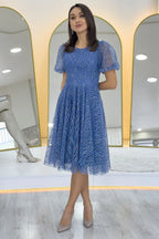 İndigo Balon Kol Simli Kloş Midi Boy Abiye Elbise