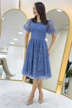 İndigo Balon Kol Simli Kloş Midi Boy Abiye Elbise