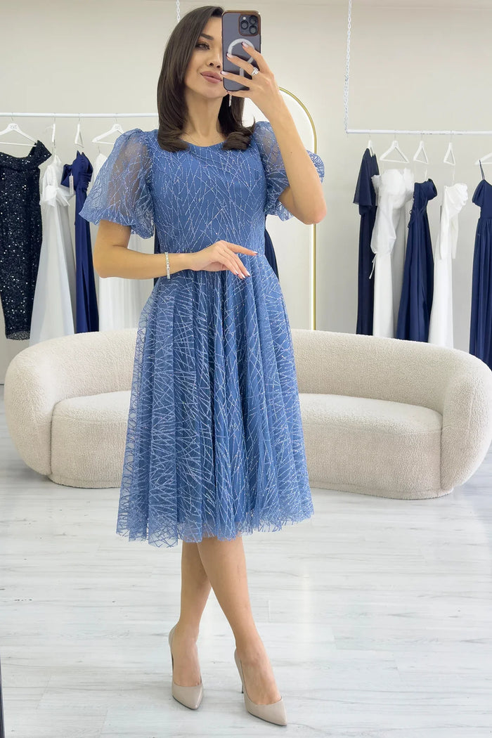 İndigo Balon Kol Simli Kloş Midi Boy Abiye Elbise