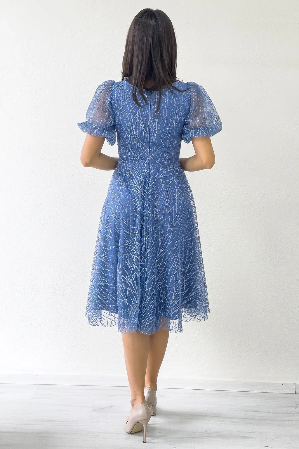 İndigo Balon Kol Simli Kloş Midi Boy Abiye Elbise