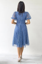 İndigo Balon Kol Simli Kloş Midi Boy Abiye Elbise