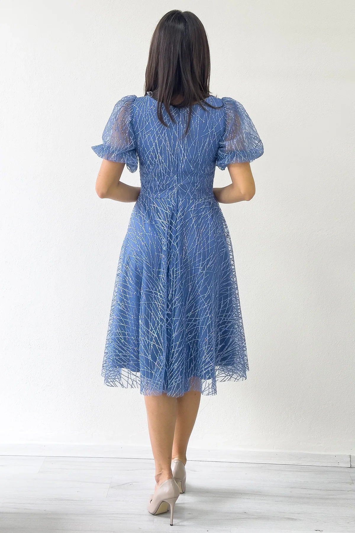 İndigo Balon Kol Simli Kloş Midi Boy Abiye Elbise