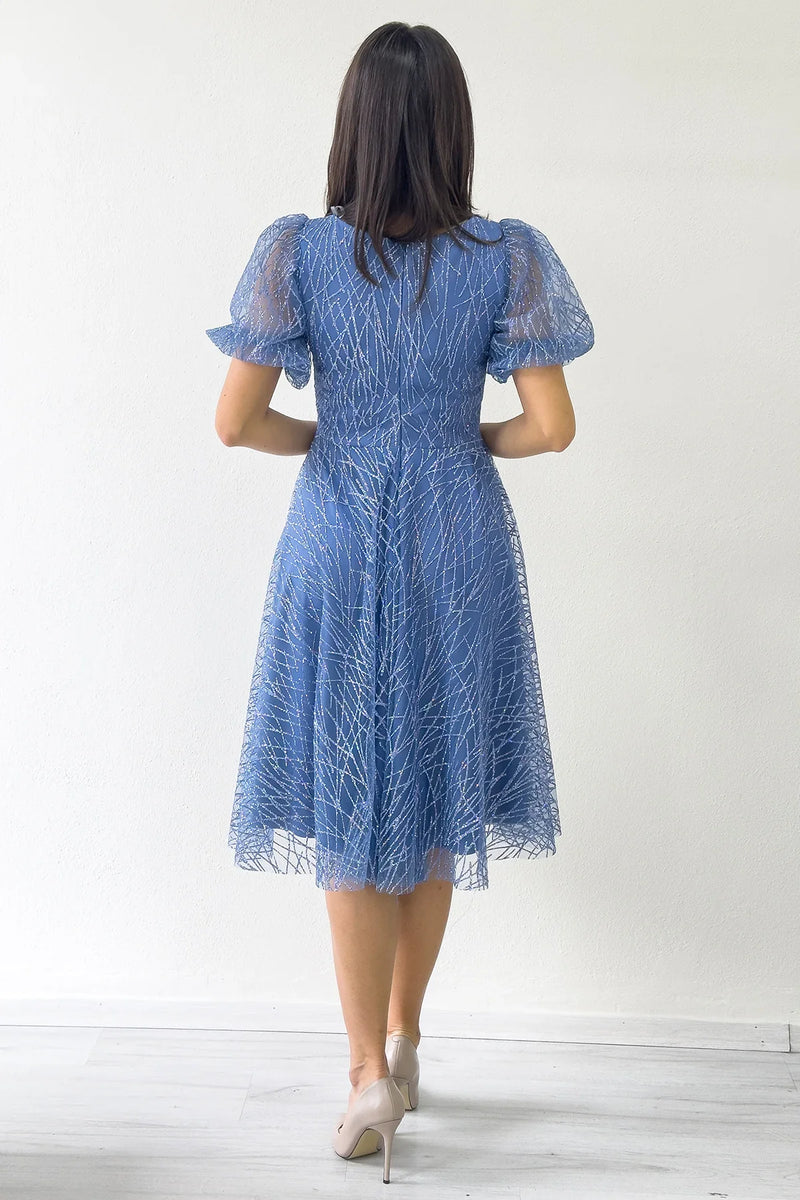 İndigo Balon Kol Simli Kloş Midi Boy Abiye Elbise