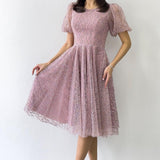 Pudra Balon Kol Simli Kloş Midi Boy Abiye Elbise