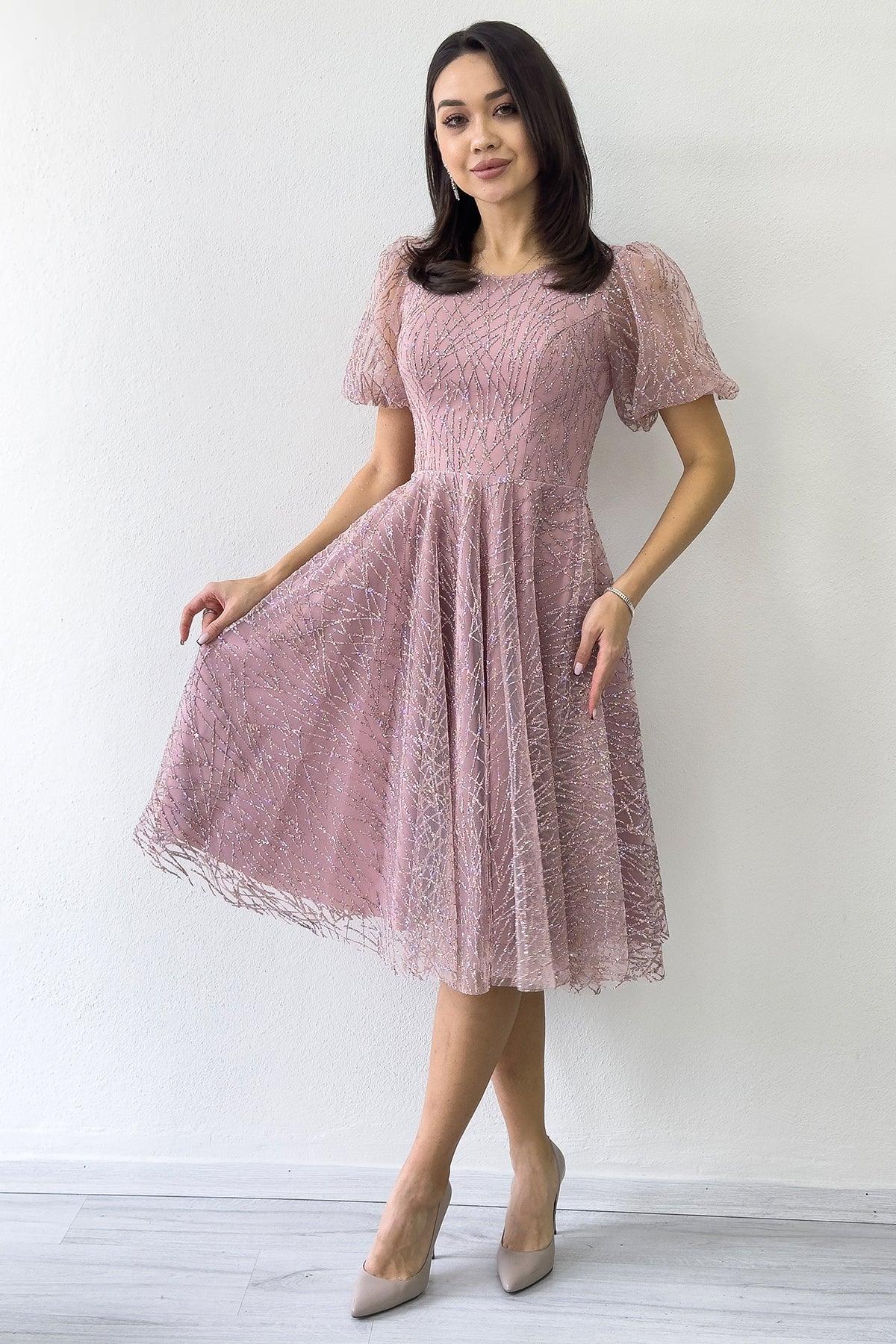 Pudra Balon Kol Simli Kloş Midi Boy Abiye Elbise