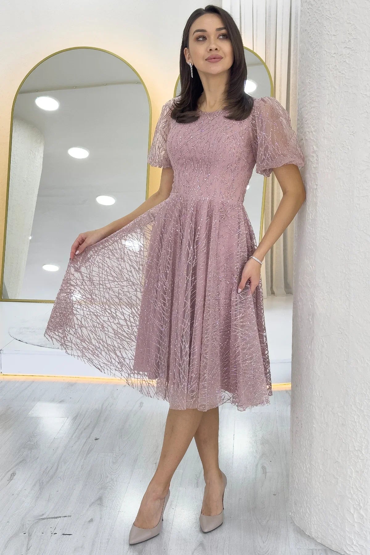 Pudra Balon Kol Simli Kloş Midi Boy Abiye Elbise