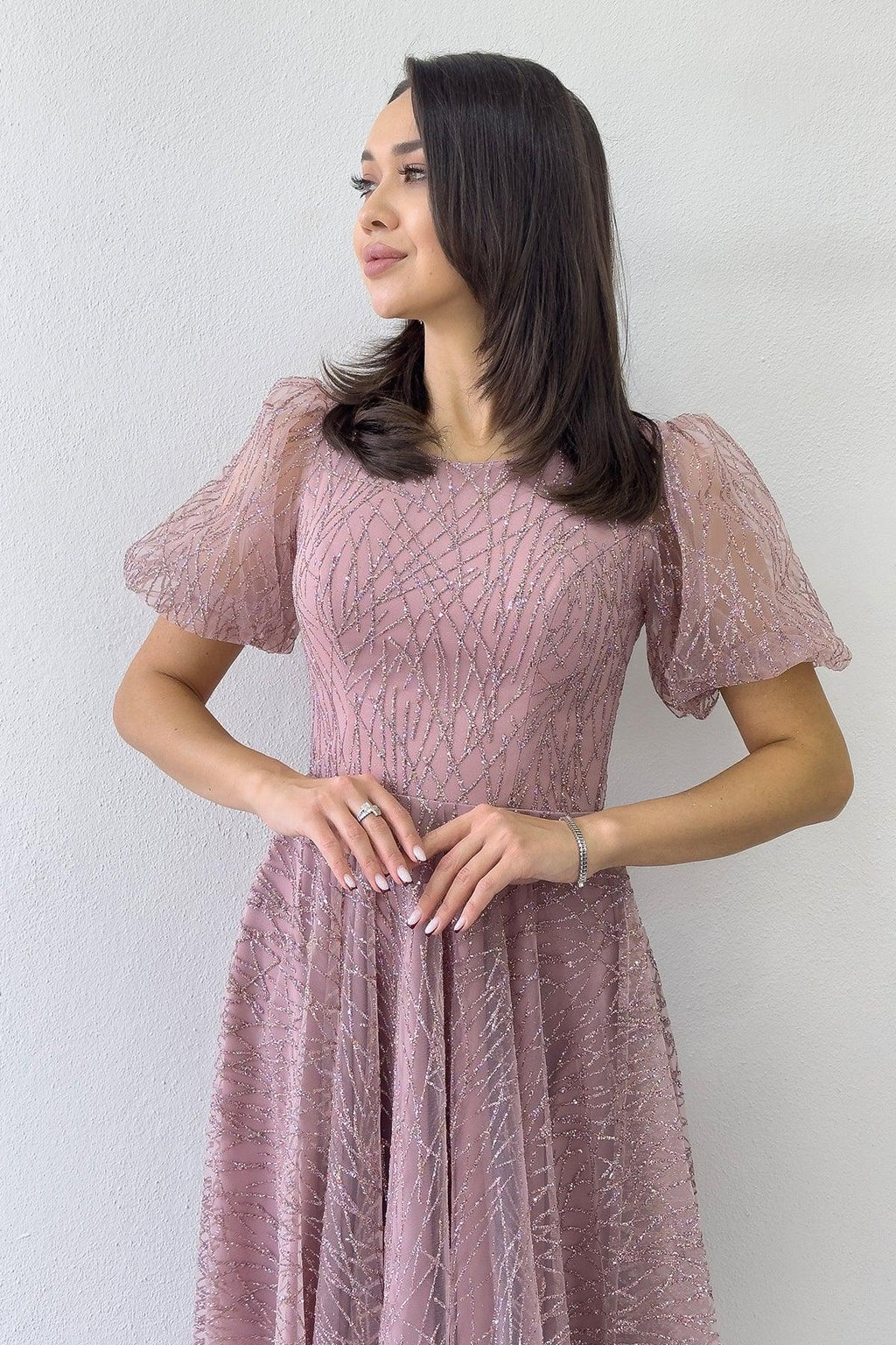 Pudra Balon Kol Simli Kloş Midi Boy Abiye Elbise