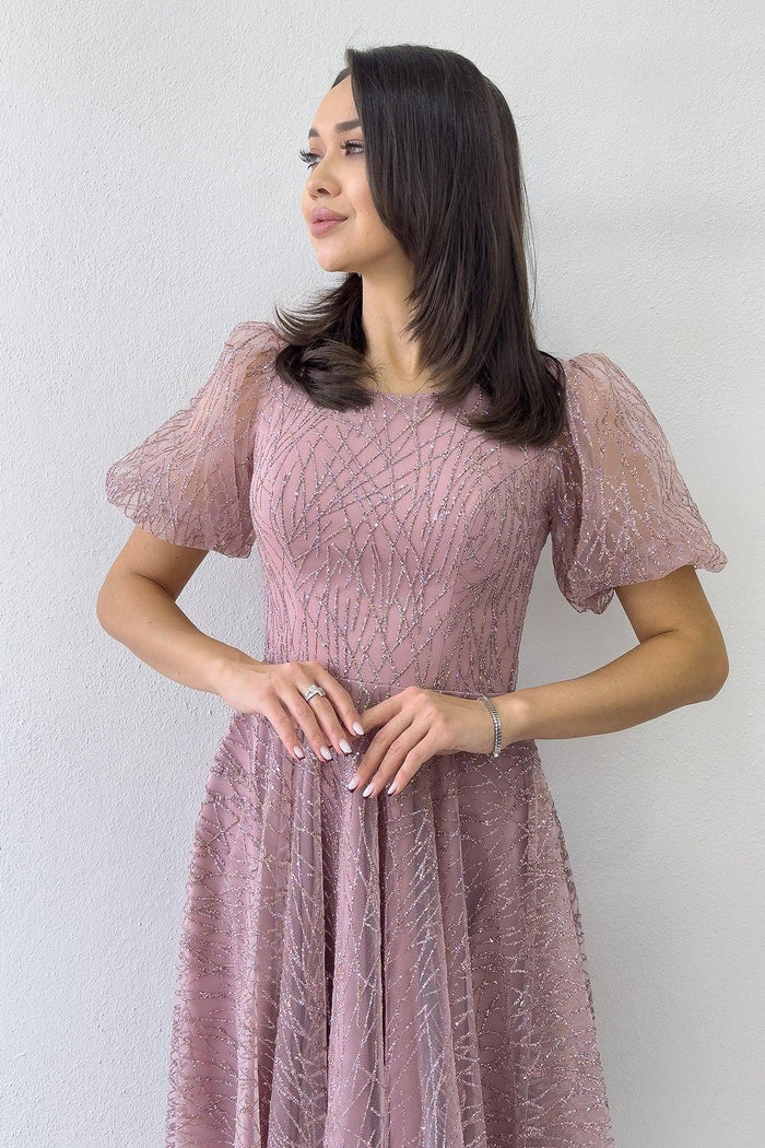 Pudra Balon Kol Simli Kloş Midi Boy Abiye Elbise