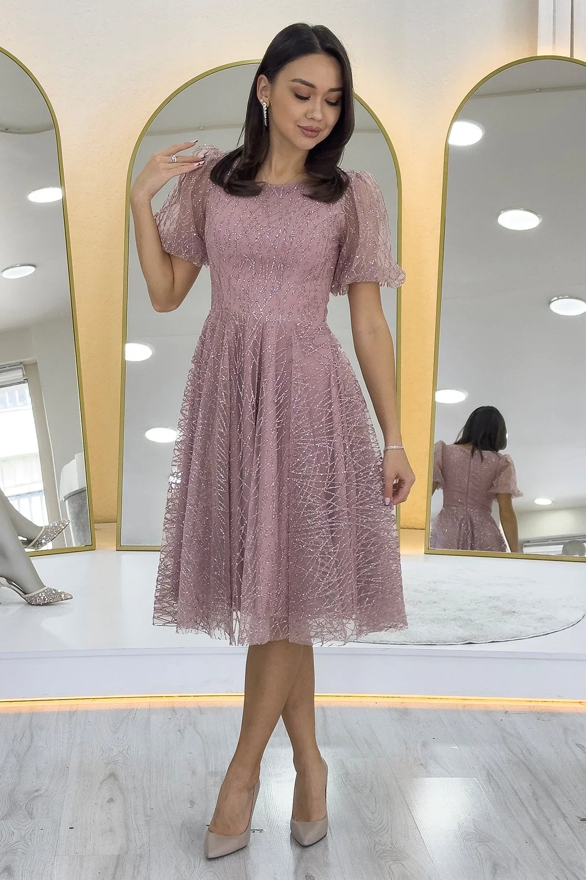 Pudra Balon Kol Simli Kloş Midi Boy Abiye Elbise