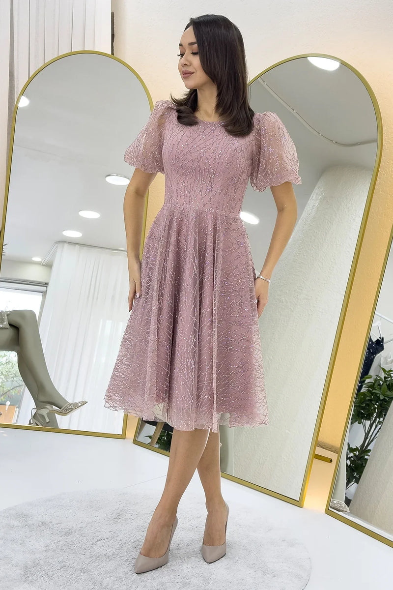 Pudra Balon Kol Simli Kloş Midi Boy Abiye Elbise